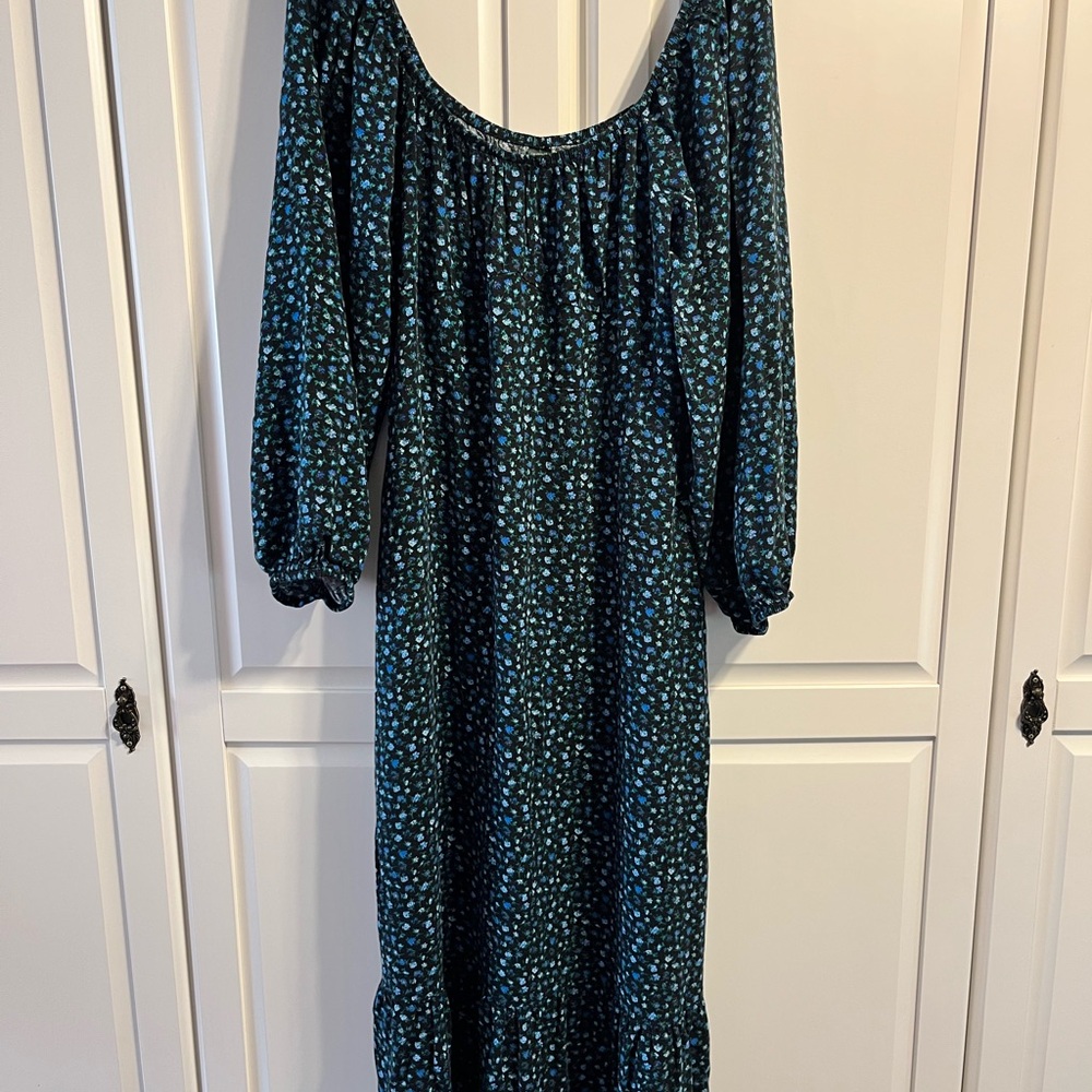 Wild Fable Blue and Black Floral Long Sleeve Off-shoulder Dress